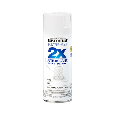 Spray Paint, White, Flat, Solvent, 12 Oz