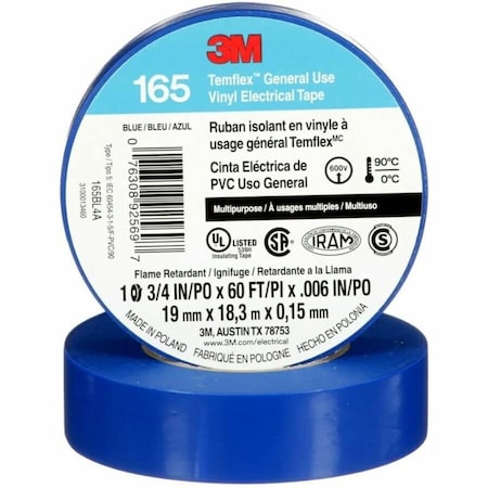Vinyl Electrical Tape, 165, Temflex, 3/4 in W x 60 ft L, 6 mil thick, Blue