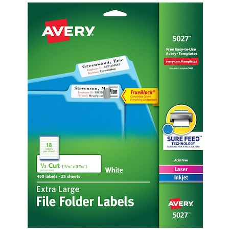 Laser/Inkjet Label, 3 7/16 in Label W, 15/16 in Label H, 18 Labels per Sheet White