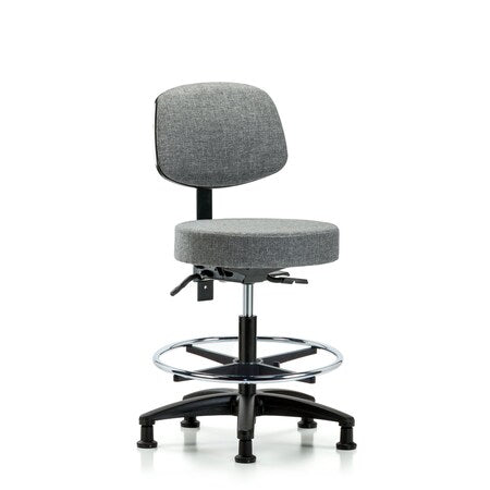 Rutledge Fab Stool with Back - Med Bench Height with Chrome Foot Ring and Stat Glides in Gray Fab