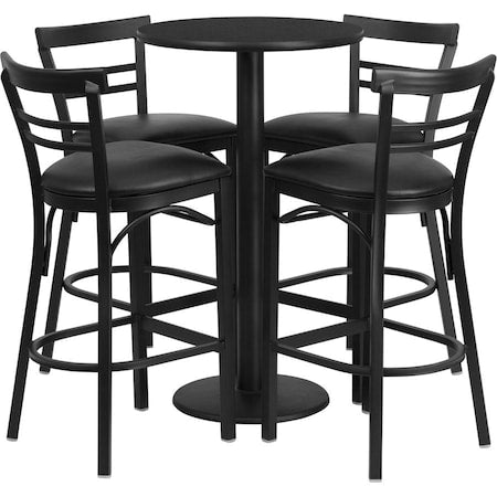 Round Blk Bar Table, Rnd Base, Blk Vnyl Seat, 24", Laminate Top, Wood Grain