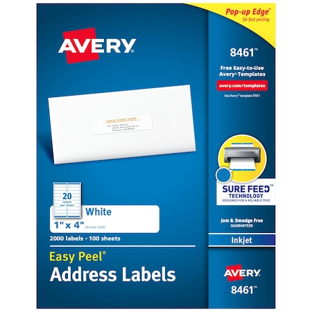 Inkjet Label, 4 in Label W, 1 in Label H, 20 Labels per Sheet White