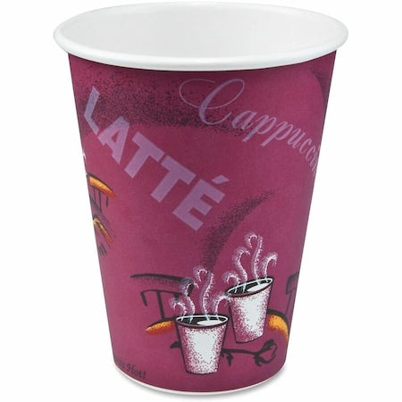 Paper Hot Drink Cups in Bistro Design, 12 oz, Maroon, PK50