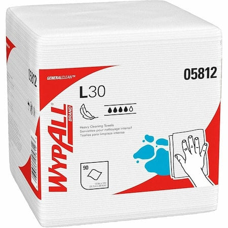 WypAll Dry Wipe, L30, 1/4 Fold, Moderate Absorbency, Good Wet Strength, White, 05812, 12 PK