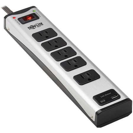 Power Strip, Surge, USB, 5 5-15R, 5-15P, 6 ft., Black/Silver
