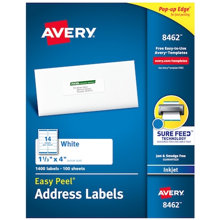 Inkjet Label, 4 in Label W, 1 1/3 in Label H, 14 Labels per Sheet White