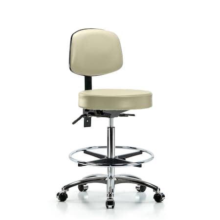 Vin Stool with Back Chr-High Bench Ht with Seat Tilt, Chr FR, andCasters in Adobe Wht Trailblazer Vin