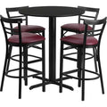 Round Blk Bar Table, Rnd Base, Burgundy Seat, 24", Laminate Top, Wood Grain