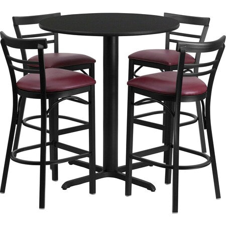 Round Blk Bar Table, Rnd Base, Burgundy Seat, 24", Laminate Top, Wood Grain