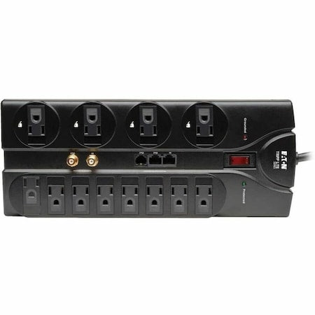 Power Strip, Surge, Tel/Modem/Coaxial/Ethernet Protection, 12 5-15R, 5-15P, 8 ft., Black