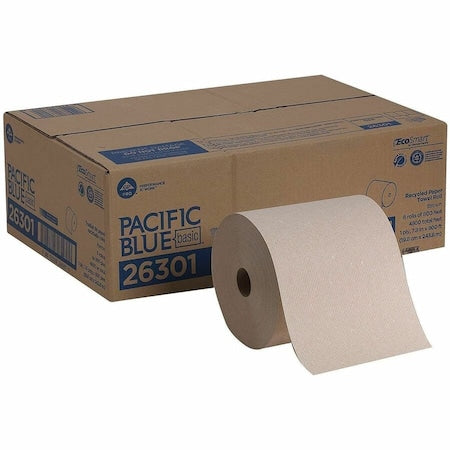 Pacific Blue Basic Hardwound Paper Towels, Continuous Roll, 7 7/8 in W, 800 ft, Brown, PK6