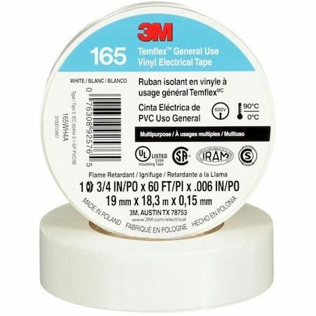 Vinyl Electrical Tape, 165, Temflex, 3/4 in W x 60 ft L, 6 mil thick, White