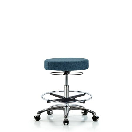 Rutledge Fab Stool without Back Chr-Med Bench Height with Chr Foot Ring and Casters in Blue Fab
