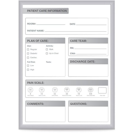 Patient Room Board, Steel, 24 1/2 in, 18 1/2 in, Aluminum Frame, White/Gray, Gloss