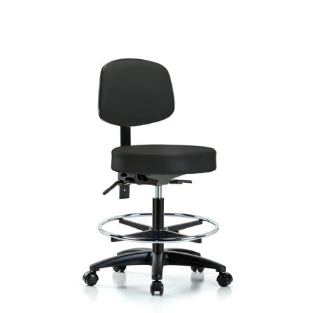 Vin Stool with Back-Medium Bench Height with Chrome Foot Ring and Casters in Black Trailblazer Vin