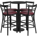 Round Blk Bar Table, X-Base, Burgundy Seats, 24", Laminate Top, Wood Grain