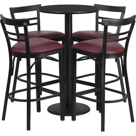 Round Blk Bar Table, X-Base, Burgundy Seats, 24", Laminate Top, Wood Grain