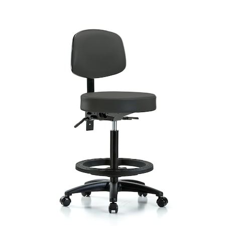 Vinyl Stool with Back-High Bench Height with Black Foot RingandCasters in Charcoal Trailblazer Vinyl