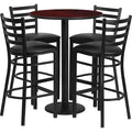 Round Mahogany Bar Table, X-Base w/Black Seats, Laminate Top, Wood Grain