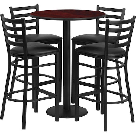 Round Mahogany Bar Table, X-Base w/Black Seats, Laminate Top, Wood Grain