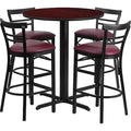Round Mahogany Bar Table, X-Base, Burg Seats, 24", Laminate Top, Wood Grain