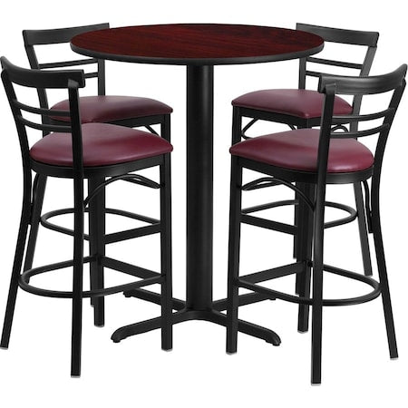Round Mahogany Bar Table, X-Base, Burg Seats, 24", Laminate Top, Wood Grain