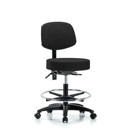 Rutledge Fab Stool with Back - Medium Bench Height with Chrome Foot Ring and Casters in Black Fab