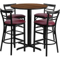 Round Walnut Bar Table, X-Base w/Burg Seats, 24", 24" L, 24" W, 42" H, Laminate Top, Wood Grain