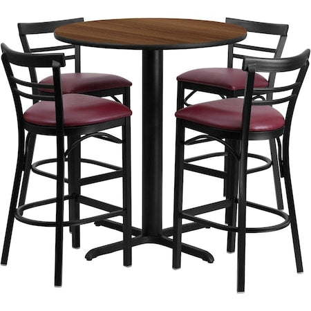 Round Walnut Bar Table, X-Base w/Burg Seats, 24", 24" L, 24" W, 42" H, Laminate Top, Wood Grain