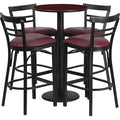 Round Mahgny Bar Table, Rnd Base, Burg Seats, 24", 24" L, 24" W, 42" H, Laminate Top, Wood Grain