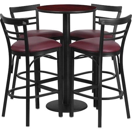 Round Mahgny Bar Table, Rnd Base, Burg Seats, 24", 24" L, 24" W, 42" H, Laminate Top, Wood Grain