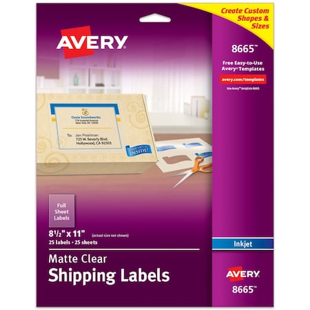 Inkjet Label, 11 in Label W, 8 1/2 in Label H, 1 Labels per Sheet Clear