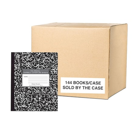 Case of Black Marble Composition Notebooks, Wide Ruled, 36 sht, 8.5""x7"", Flexible Covers,PK144
