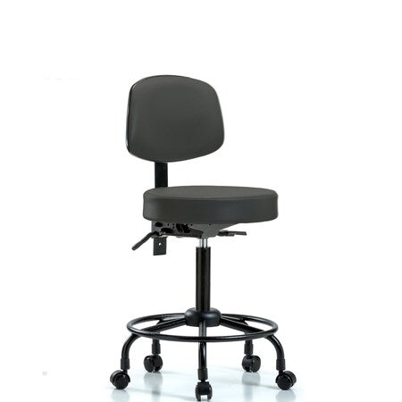 Med Bench Stool, Vinyl, Bk, RT, Casters, Gry