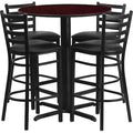 Round Mahgany Bar Table, X-Base w/Blk Seats, 30", Laminate Top, Wood Grain