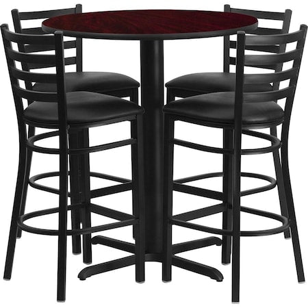 Round Mahgany Bar Table, X-Base w/Blk Seats, 30", Laminate Top, Wood Grain