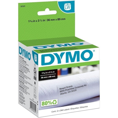 Printer Label, 1 3/8 in Label W, 3 1/2 in Label H, 260 Labels per Roll, White