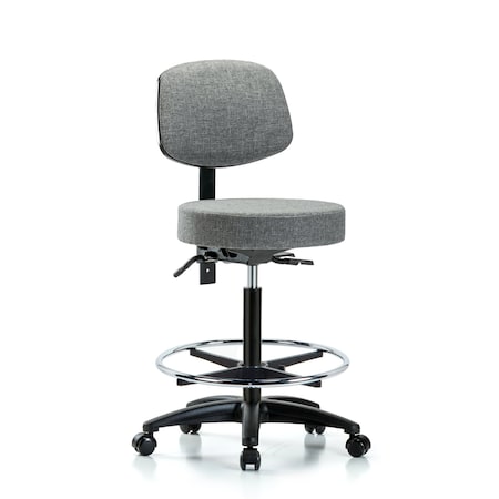 Rutledge Fabric Stool with Back - High Bench Height with Chrome Foot Ring and Casters in Gray Fabric