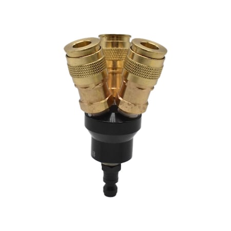 Aluminum Round Manifold with Three 1/4 Inch Brass Universal Couplers, 1/4 Inch Steel Automotive Plug