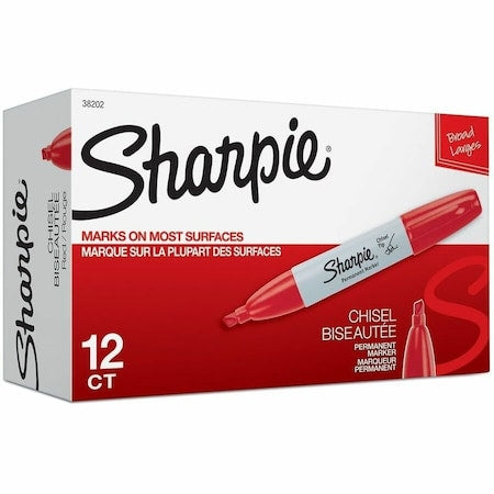 Permanent Marker, Red, Chisel Tip, Capped, 12 PK