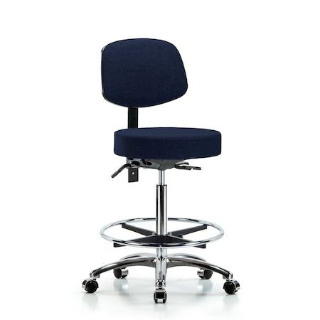 Fab Stool with Back Chrome-High Bench Height with Seat Tilt, Chrome Foot Ring, andCasters in Navy Fab