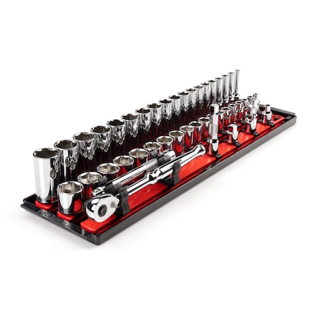 3/8 Inch Drive 6-Point Socket and Ratchet Set with Rails and Tray, 44-Piece 6-24 mm