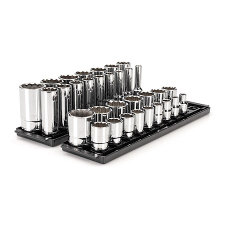 1/2 Inch Drive 12-Point Socket Set with Rails and Trays, 32-Piece 3/8 - 1-5/16 in.