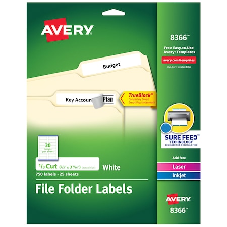 Laser/Inkjet Label, 3 7/16 in Label W, 2/3 in Label H, 30 Labels per Sheet White