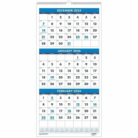 Recycled Three-Month Format Wall Calendar, Vertical, 8 x 17, 14-Month: Dec 2024 to Jan 2026