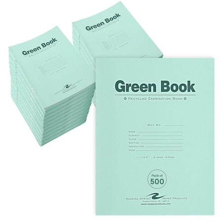 Case of Recycled Exam Green Books, 8.5"" x 11"", 8 sheets/16 pages, Wide Ruled with Margin,PK500
