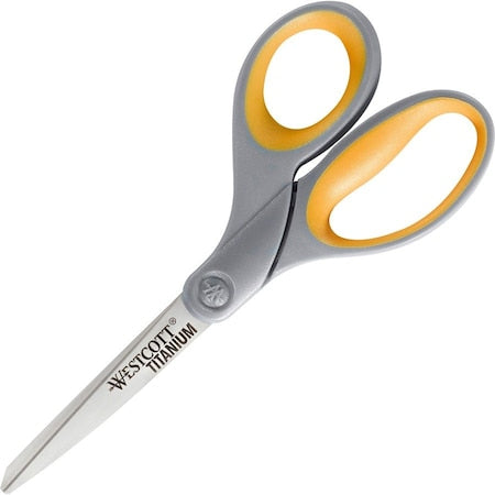 Titanium Bonded Scissors, 8" Long, 3.5" Cut Length, Straight Gray/Yellow Handle