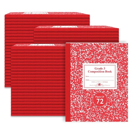 Case of Red Marble Comp Notebooks, Grade 3 Ruled, 50 sht, 9.75""x7.75"", Designed for Grade 3 Classes,PK72