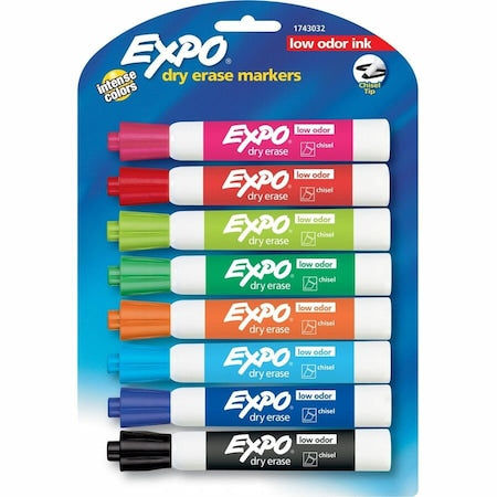 Dry Erase Marker Set, Chisel Tip, Assorted Colors PK8 Low Odor