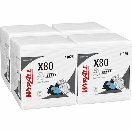 WypAll PowerClean X80 Heavy Duty Cloths (41026), Quarterfold, Extended Use Towels, White, PK4